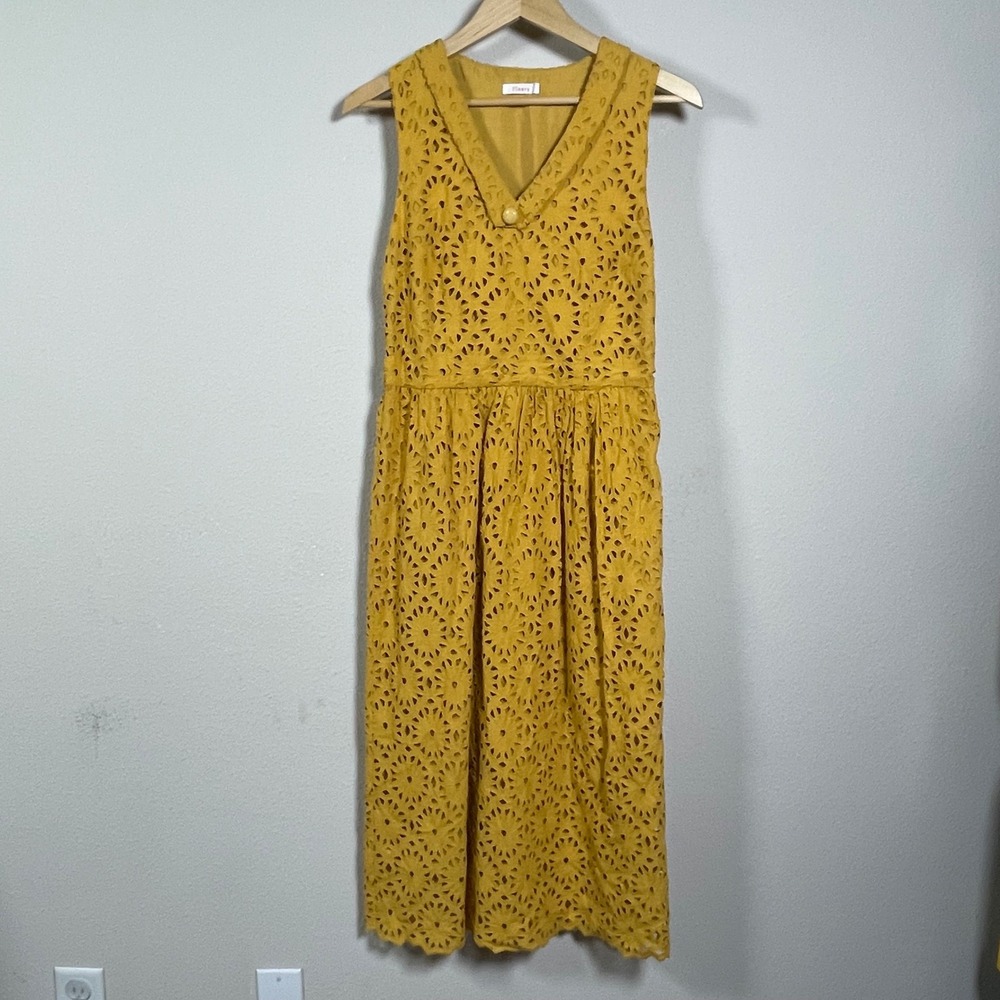 Finery London Eyelet Lace Midi Dress Cottagecore Wedding 8 Mustard Yellow Boho